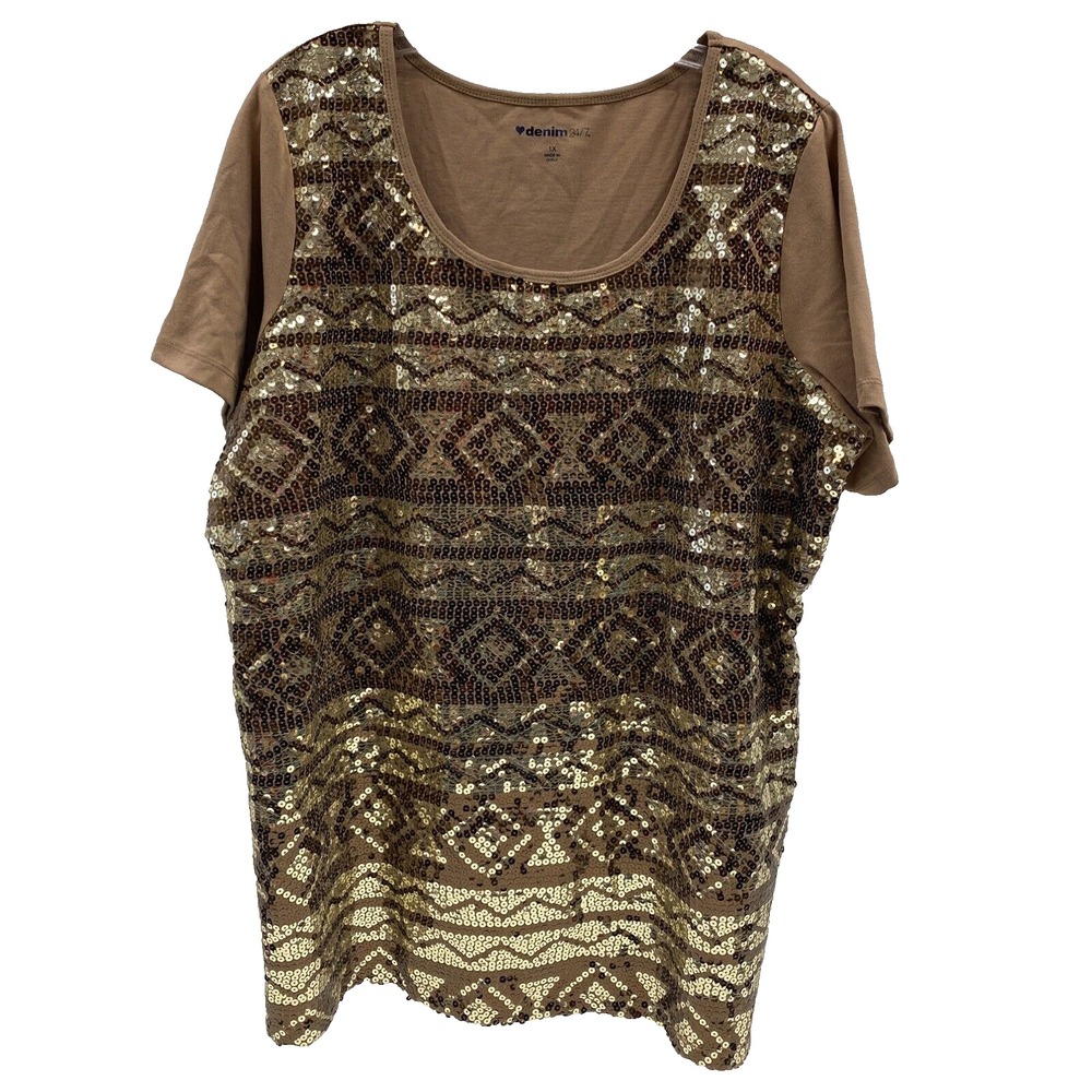 Denim 24/7 Sequin Front Shirt Womens plus Size 1X tan short sleeve geometric